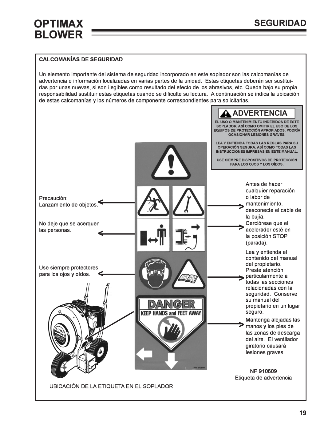 Little Wonder 9131-00-01 technical manual Optimax Blower, Advertencia, Calcomanías De Seguridad 