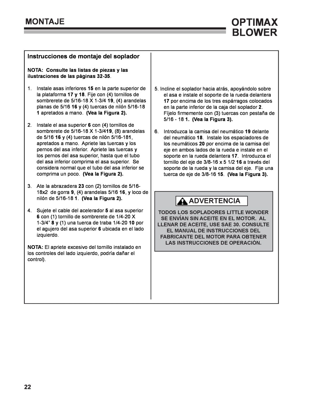 Little Wonder 9131-00-01 technical manual Montaje, Instrucciones de montaje del soplador, Optimax Blower, Advertencia 