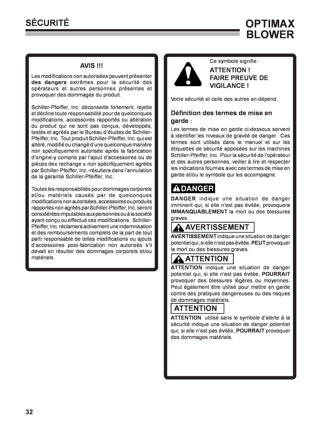 Little Wonder 9131-00-01 technical manual Sécuritéoptimax, Avertissement, Avis, Faire Preuve De Vigilance , Blower 