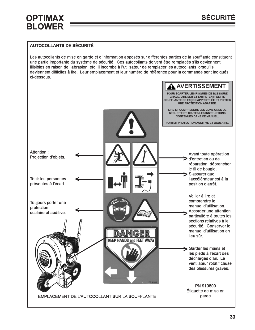 Little Wonder 9131-00-01 technical manual Optimax, Blower, Avertissement, Autocollants De Sécurité 