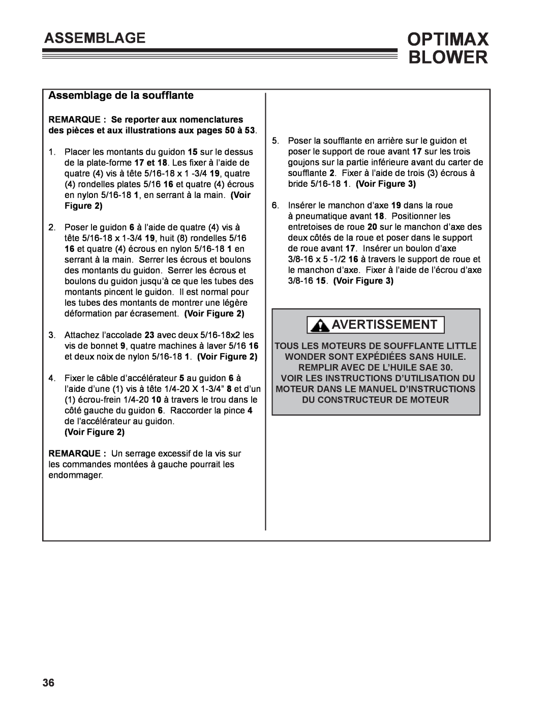 Little Wonder 9131-00-01 technical manual Assemblage de la soufflante, Optimax Blower, Avertissement, Voir Figure 