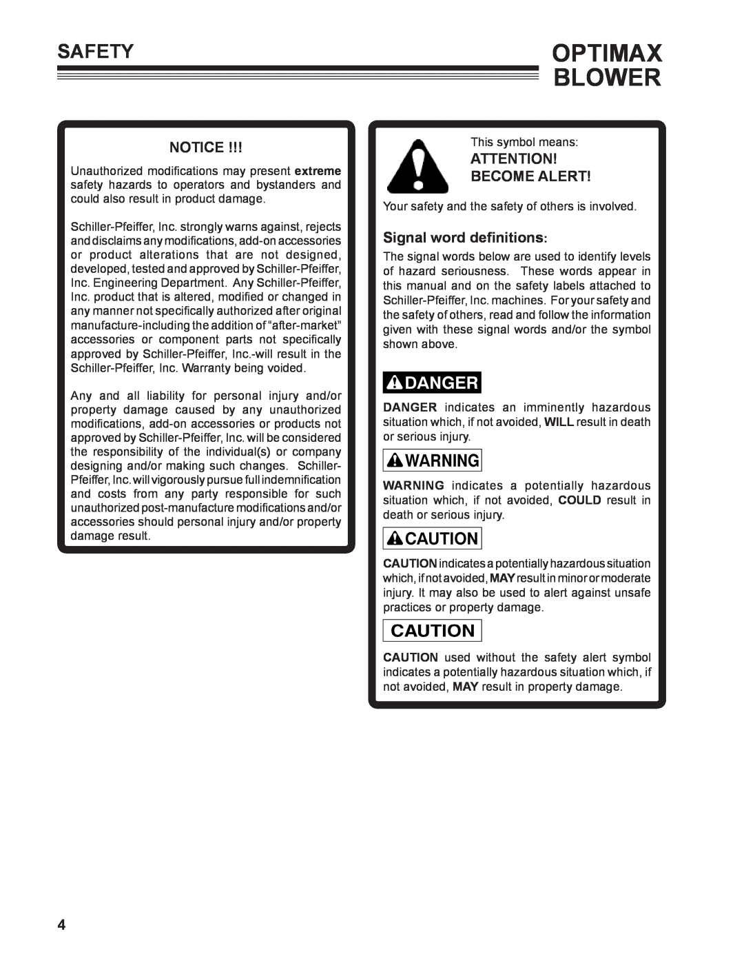 Little Wonder 9131-00-01 technical manual Safety, Become Alert, Signal word definitions, Optimax Blower 