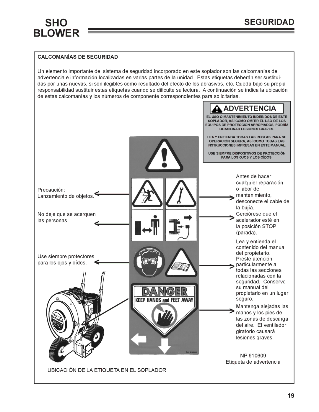 Little Wonder 9502-00-01 technical manual Calcomanías DE Seguridad 