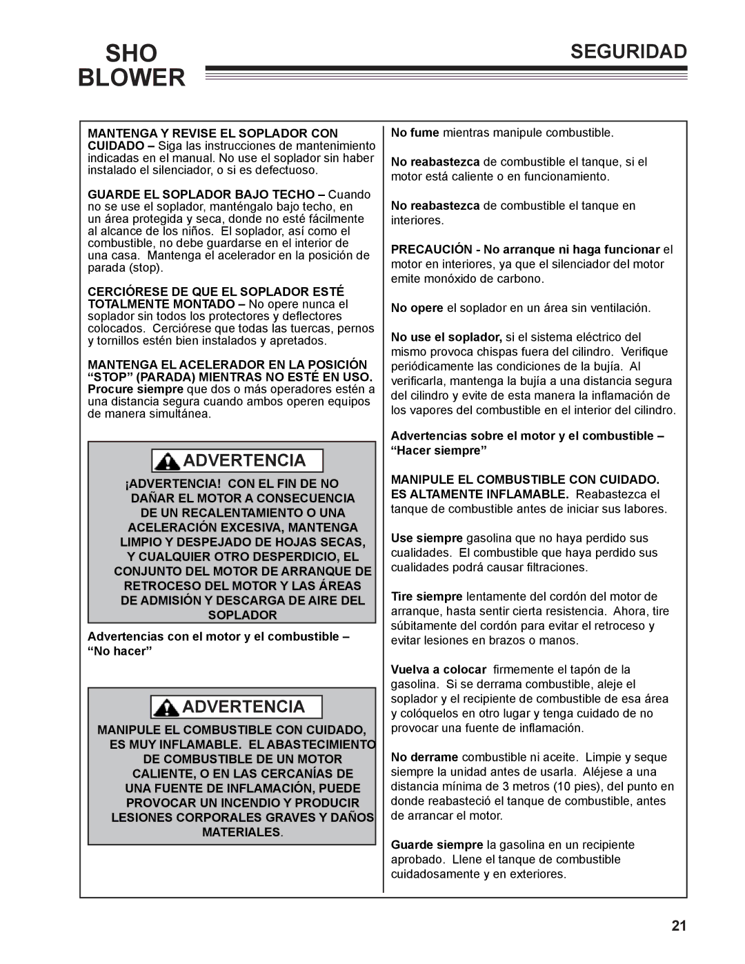 Little Wonder 9502-00-01 technical manual Advertencias con el motor y el combustible No hacer 