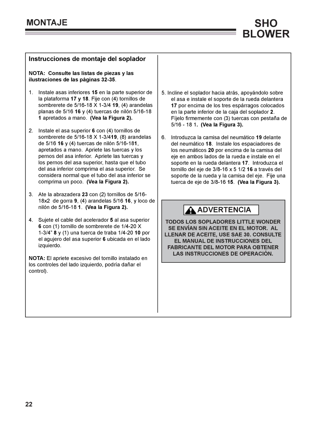 Little Wonder 9502-00-01 technical manual Montaje, Instrucciones de montaje del soplador, 16 18 1. Vea la Figura 