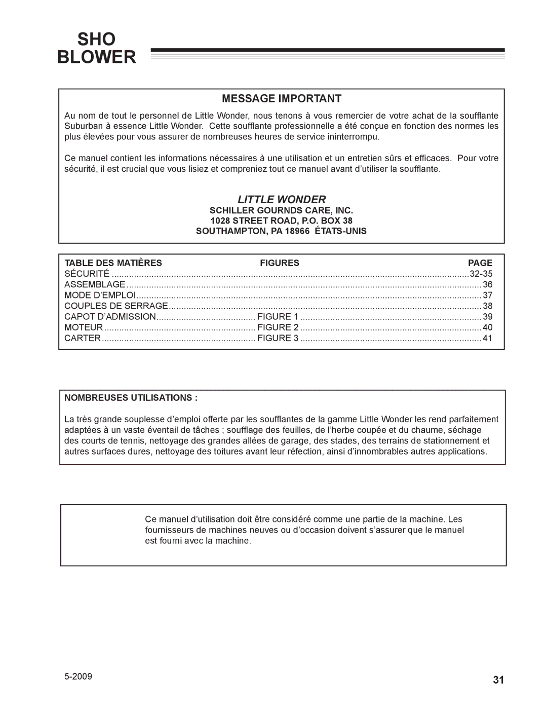 Little Wonder 9502-00-01 technical manual Message Important, 32-35, Nombreuses Utilisations 