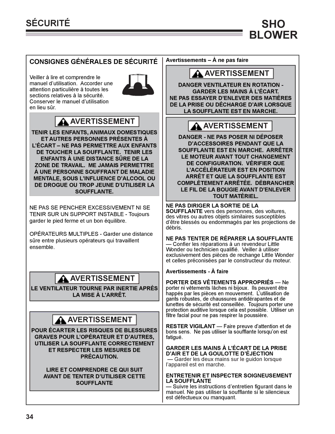 Little Wonder 9502-00-01 Consignes générales de sécurité, LE Ventilateur Tourne PAR Inertie Après LA Mise À L’ARRÊT 