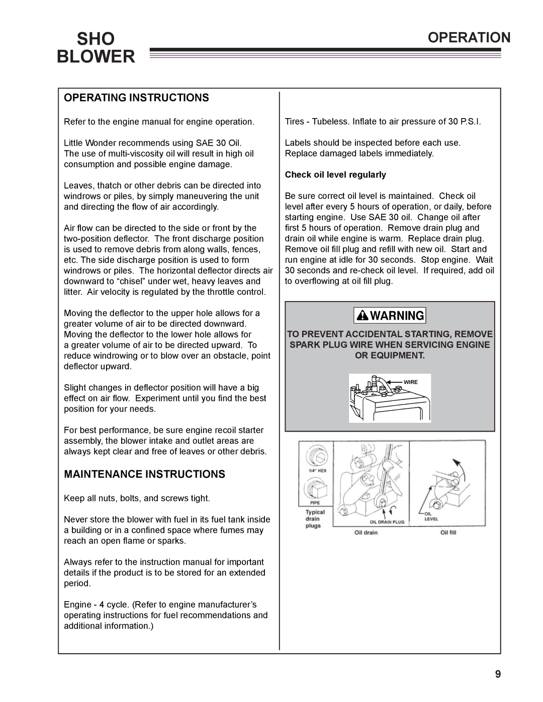 Little Wonder 9502-00-01 Operation, Operating Instructions, Maintenance Instructions, Check oil level regularly 