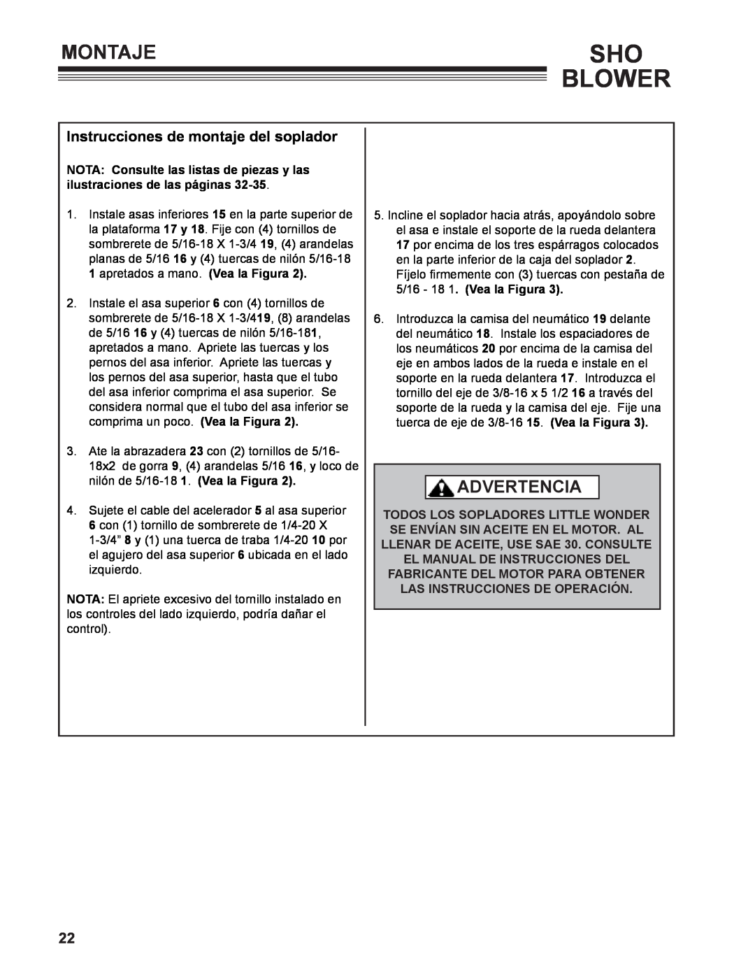 Little Wonder 9502-00-01 technical manual Montaje, Instrucciones de montaje del soplador, Sho Blower, Advertencia 