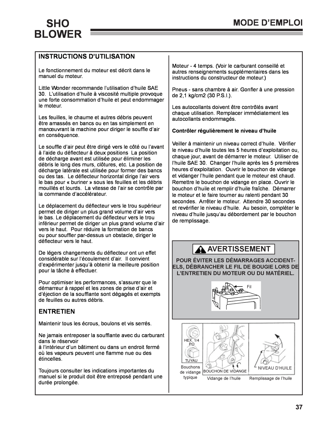 Little Wonder 9502-00-01 technical manual Mode D’Emploi, Instructions d’utilisation, Entretien, Sho Blower, Avertissement 