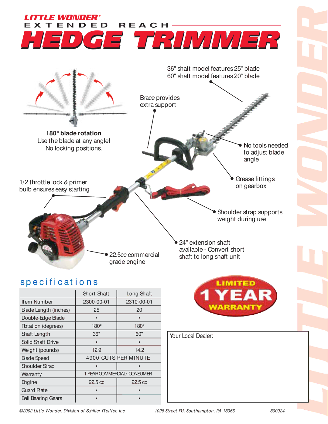 Little Wonder Extended Reach specifications Hedge Trimmer, Specification s, Blade rotation, Your Local Dealer 