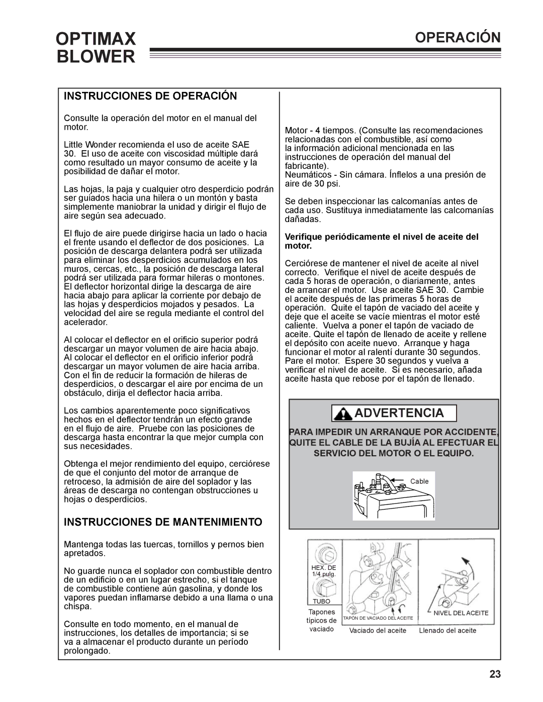 Little Wonder LB601-00-01 technical manual Operación, Instrucciones de operación, Instrucciones de mantenimiento 