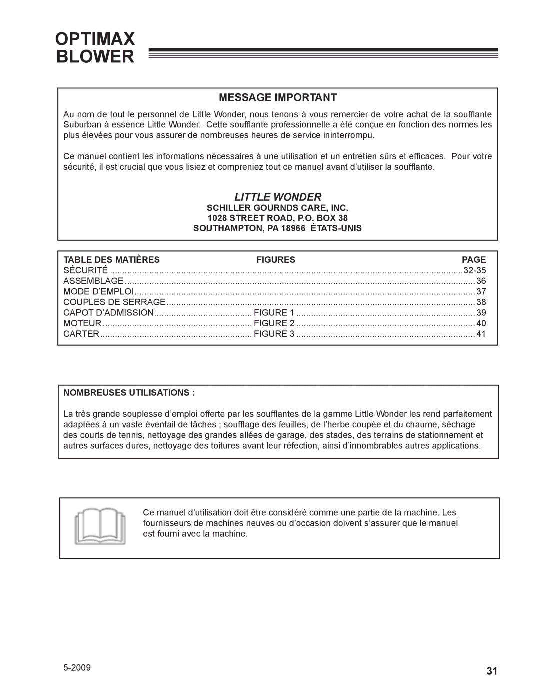 Little Wonder LB601-00-01 technical manual Message Important, 32-35, Nombreuses Utilisations 