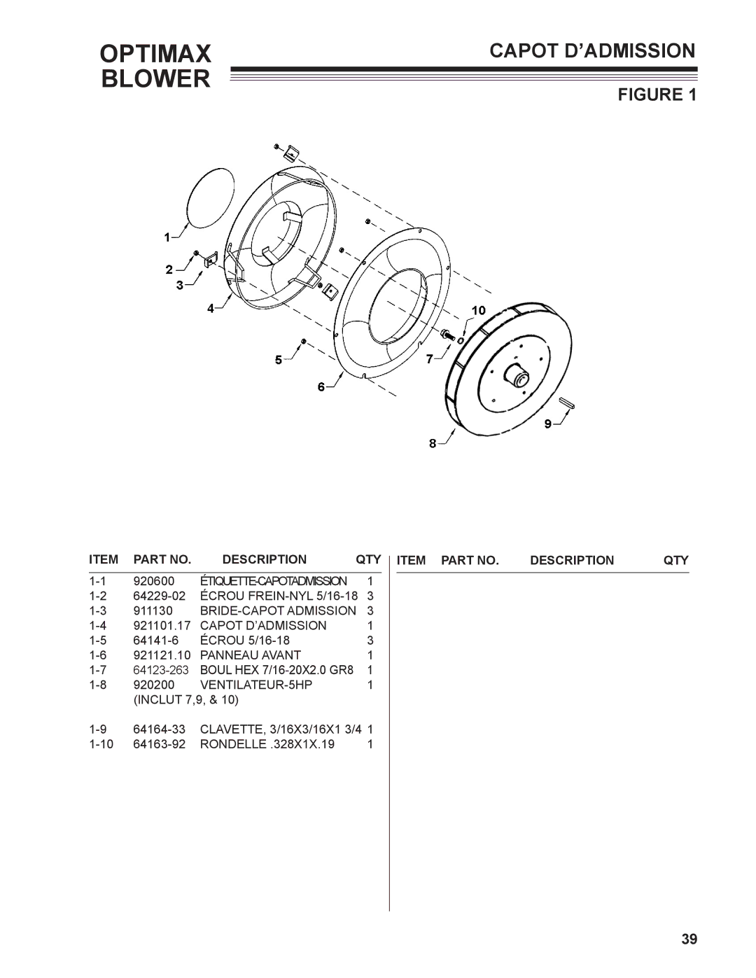 Little Wonder LB601-00-01 technical manual Capot D’ADMISSION, Description QTY 