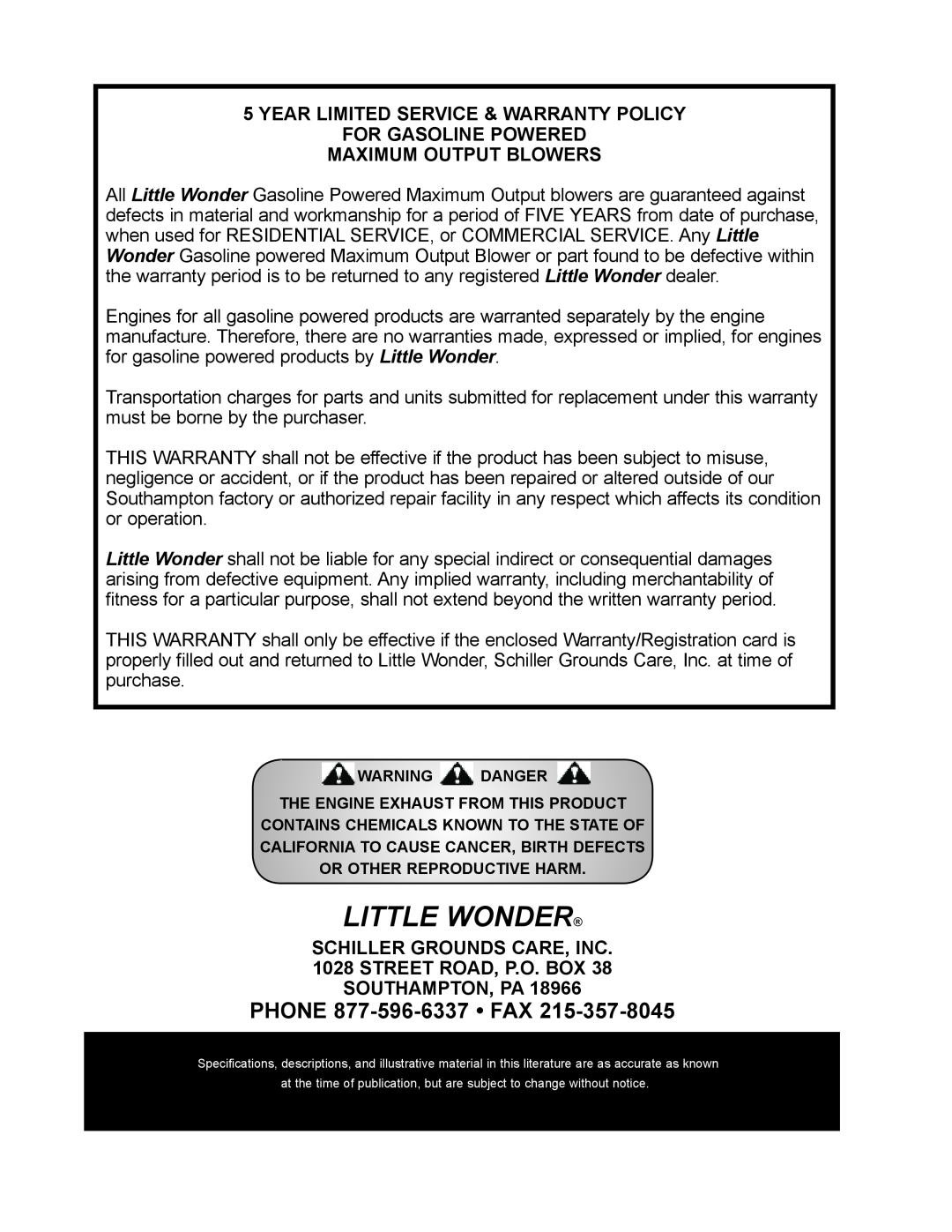 Little Wonder LB601-00-01 technical manual Little Wonder, PHONE 877-596-6337 FAX, MAXIMUM output blowers 