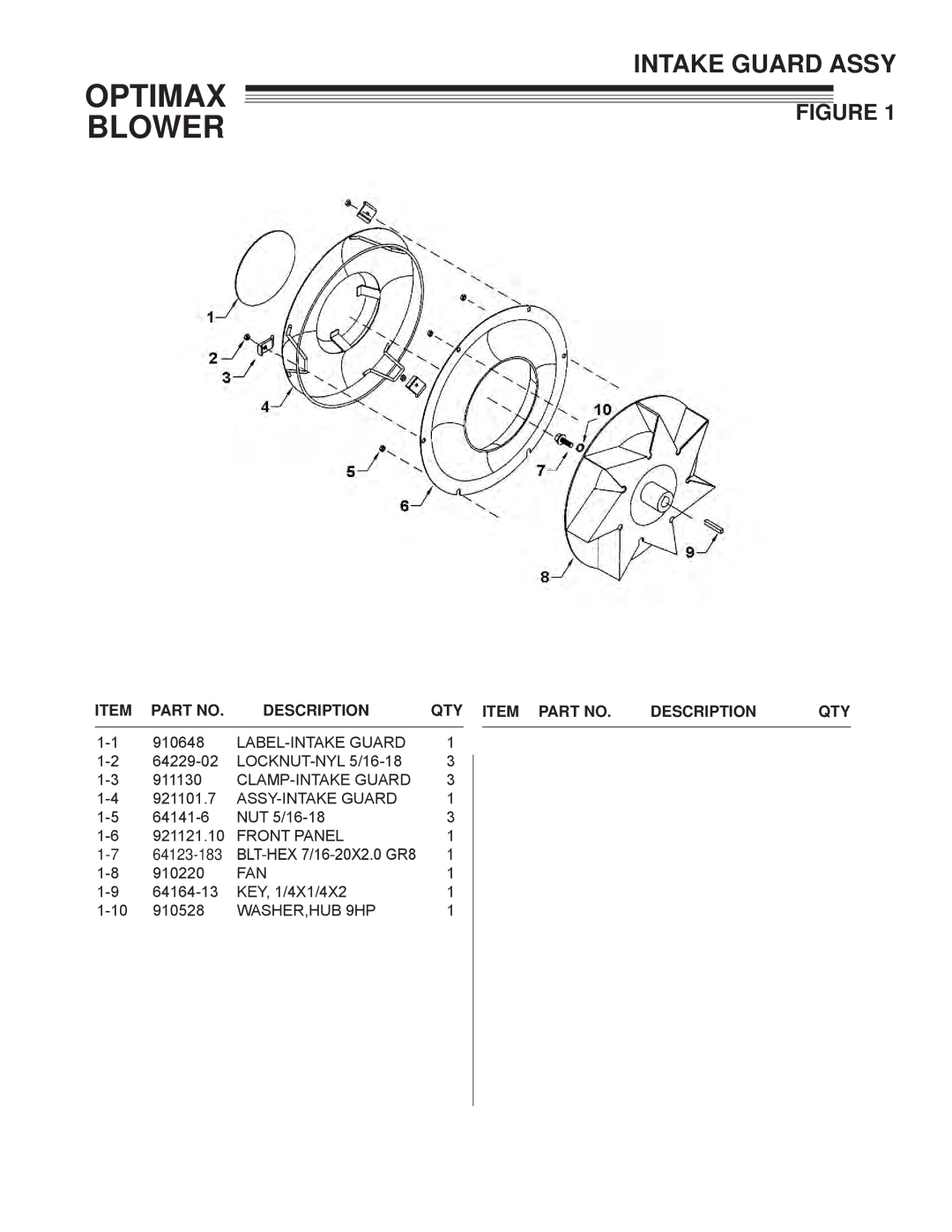 Little Wonder LB900-00-01 technical manual Intake Guard Assy, Description QTY Item Part no 