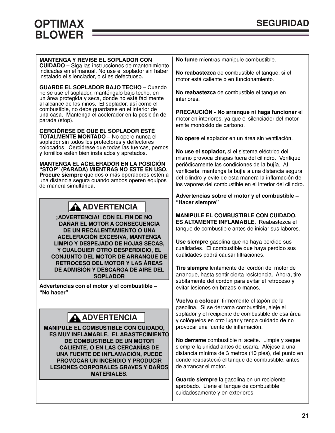 Little Wonder LB900-00-01 technical manual Advertencias con el motor y el combustible No hacer 