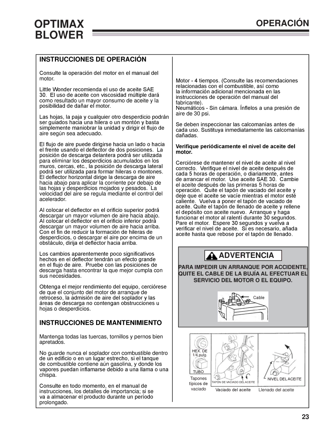 Little Wonder LB900-00-01 technical manual Operación, Instrucciones de operación, Instrucciones de mantenimiento 