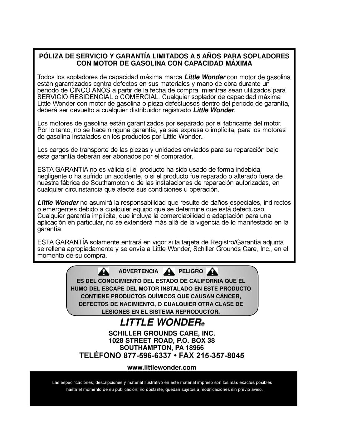 Little Wonder LB900-00-01 technical manual Teléfono 877-596-6337 FAX 