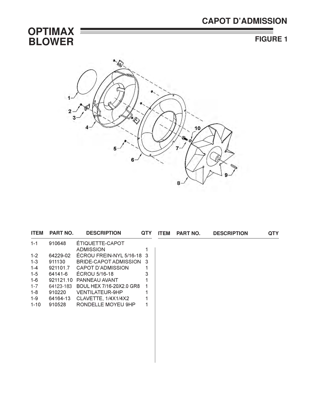 Little Wonder LB900-00-01 technical manual Capot D’ADMISSION, Description QTY Item Part no 