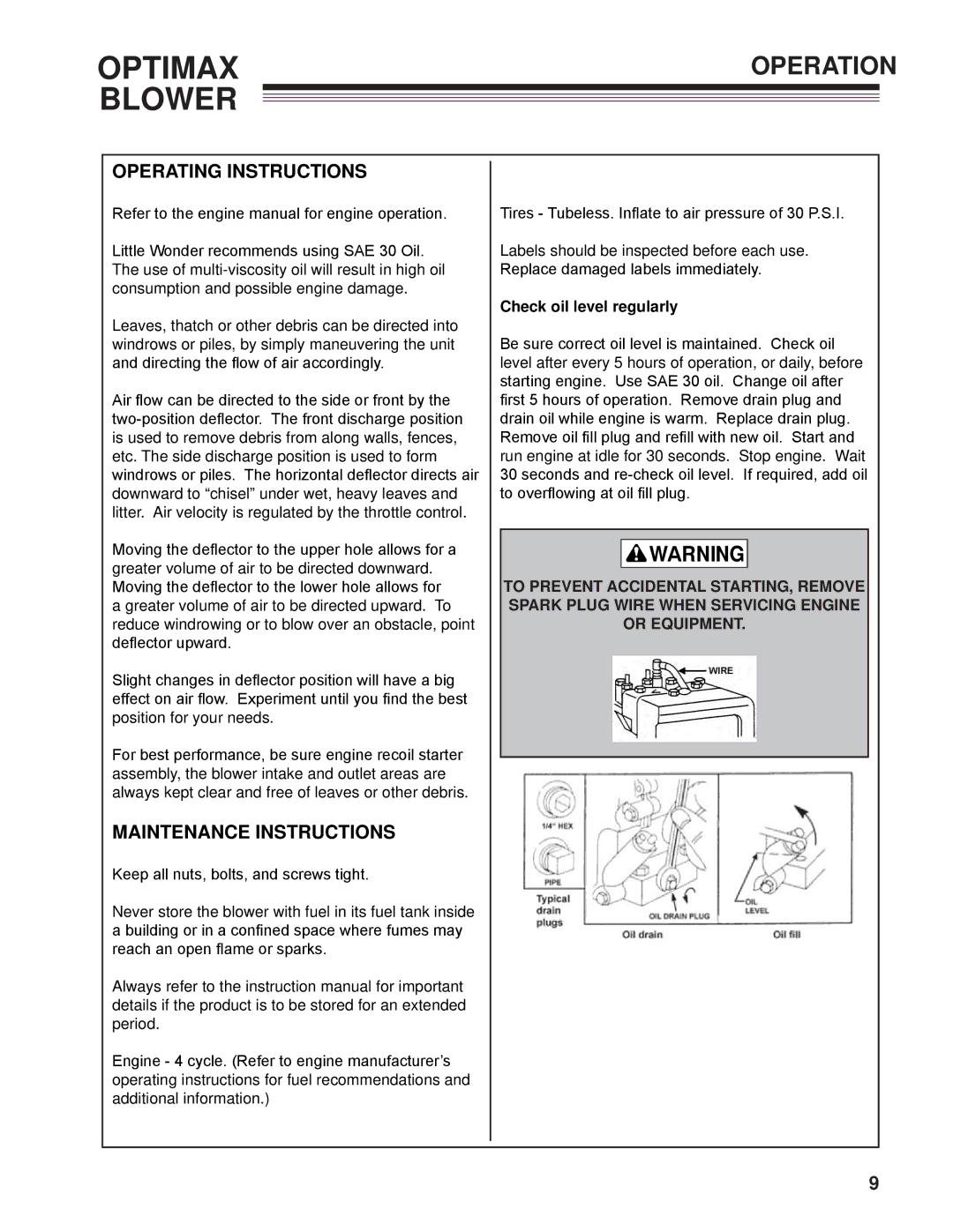 Little Wonder LB900-00-01 Operation, Operating Instructions, Maintenance Instructions, Check oil level regularly 