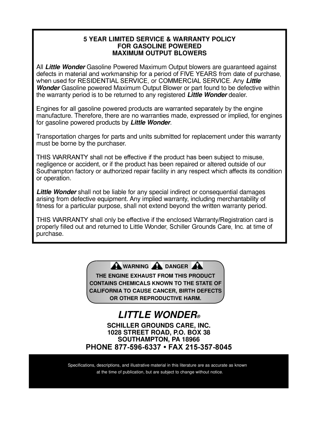 Little Wonder LB900-00-01 technical manual Little Wonder, PHONE 877-596-6337 FAX, MAXIMUM output blowers 
