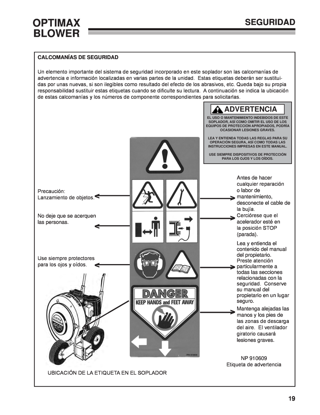 Little Wonder LB900-00-01 technical manual Optimax Blower, Advertencia, Calcomanías De Seguridad 