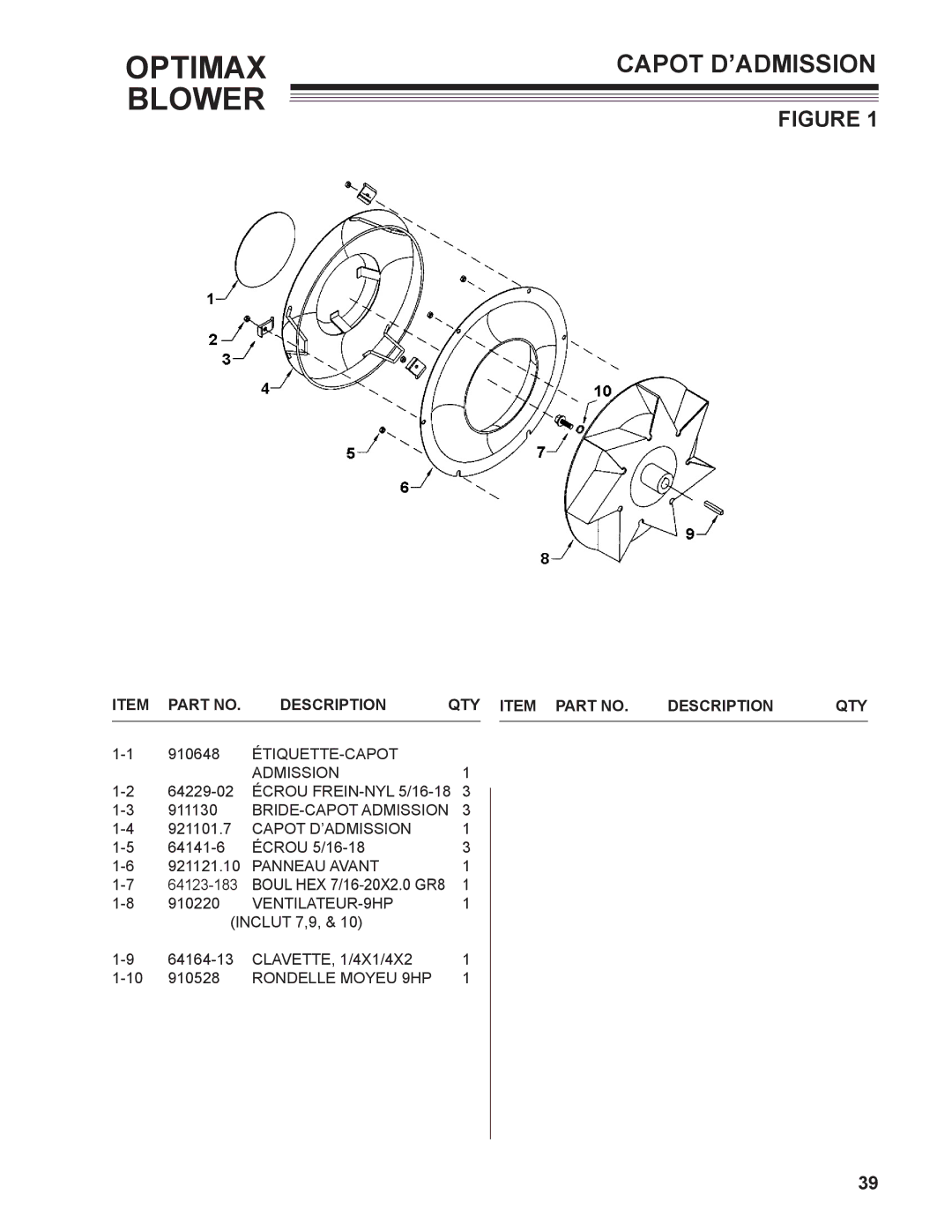 Little Wonder LB901-00-01 technical manual Capot D’ADMISSION, Description QTY Item Part no 