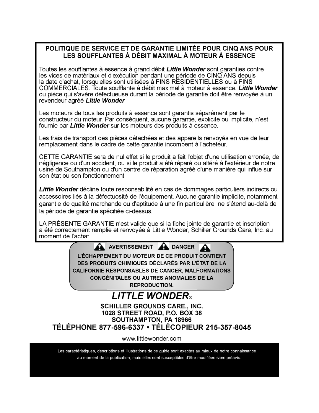 Little Wonder LB901-00-01 technical manual Téléphone 877-596-6337 Télécopieur 