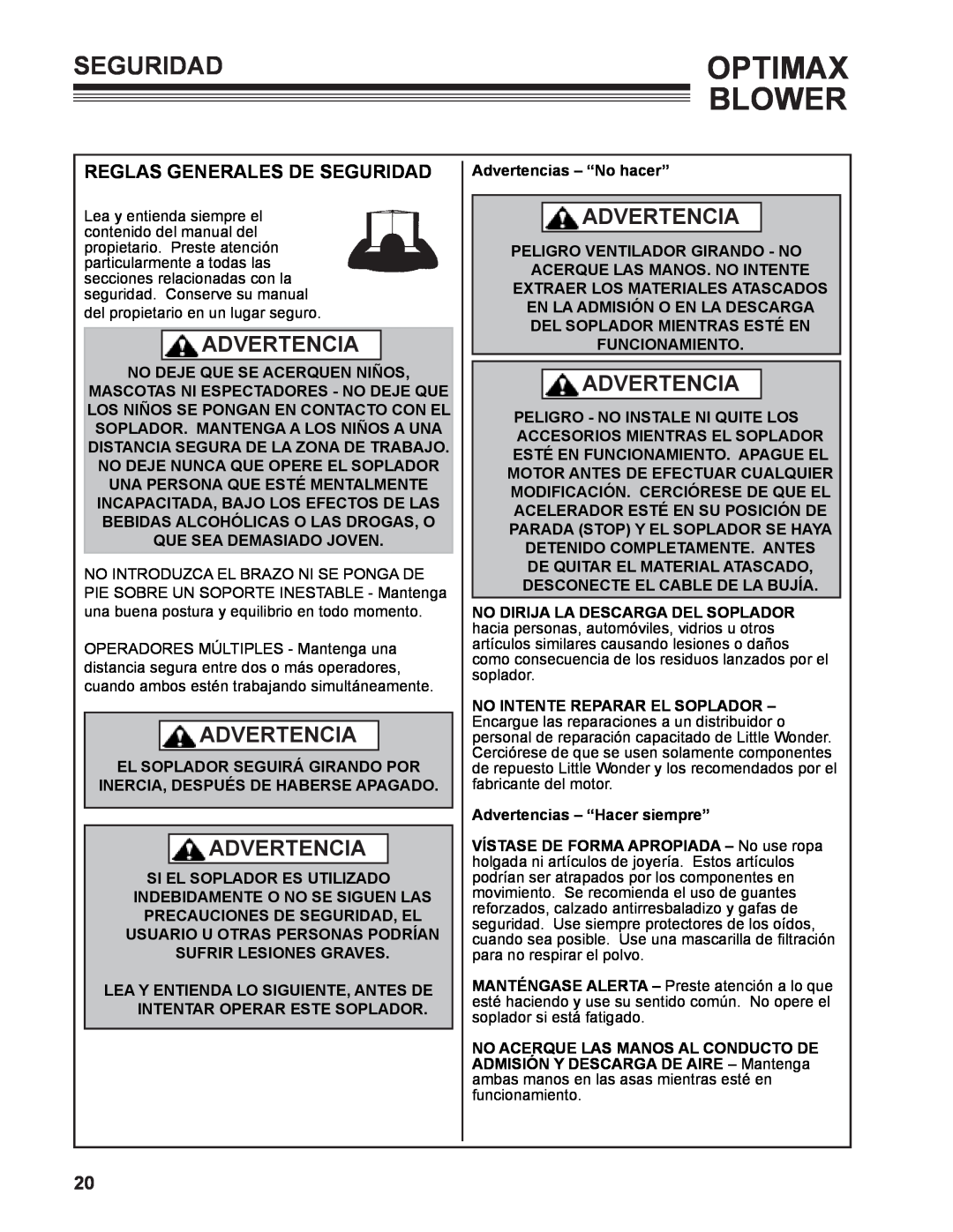 Little Wonder LB901-00-01 technical manual Reglas generales de seguridad, Optimax Blower, Seguridad, Advertencia 
