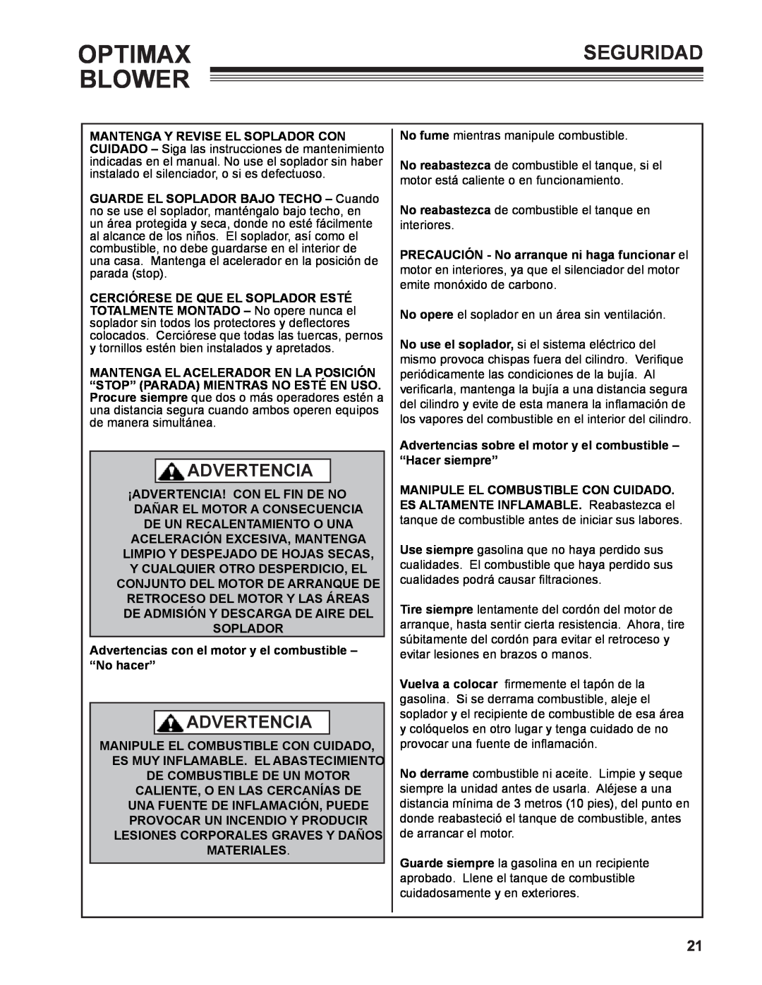 Little Wonder LB901-00-01 technical manual Optimax Blower, Seguridad, Advertencia, De Un Recalentamiento O Una 