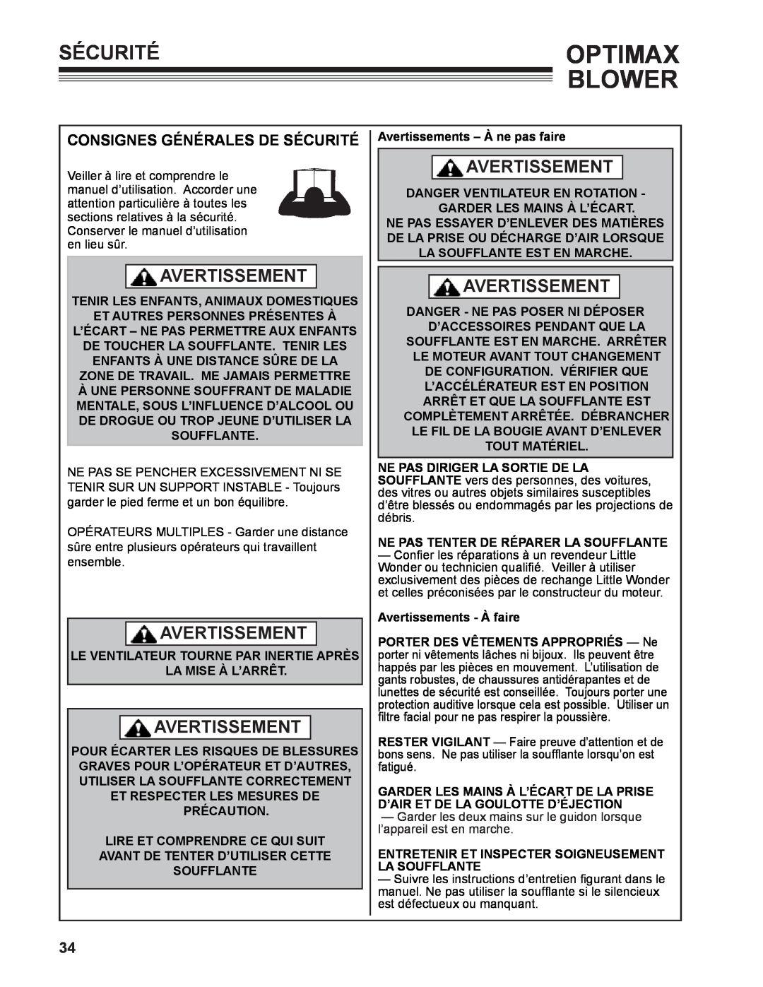 Little Wonder LB901-00-01 technical manual Consignes générales de sécurité, Optimax, Blower, Sécurité, Avertissement 