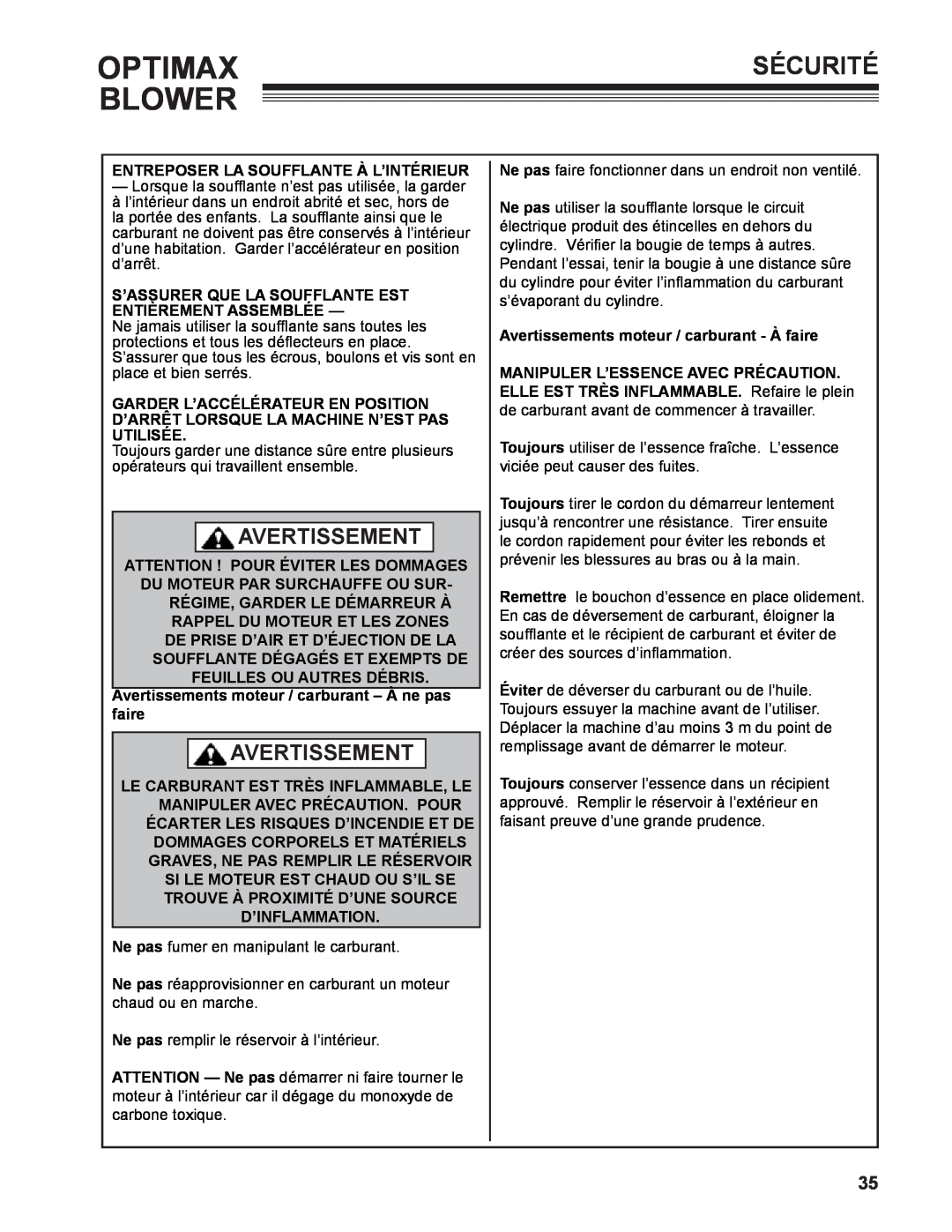 Little Wonder LB901-00-01 technical manual Optimax, Blower, Sécurité, Avertissement 