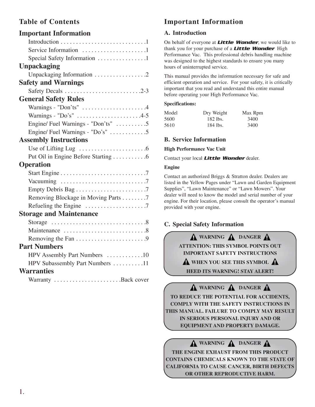 Little Wonder Little Wonder manual Table of Contents Important Information, Unpackaging, Safety and Warnings, Operation 