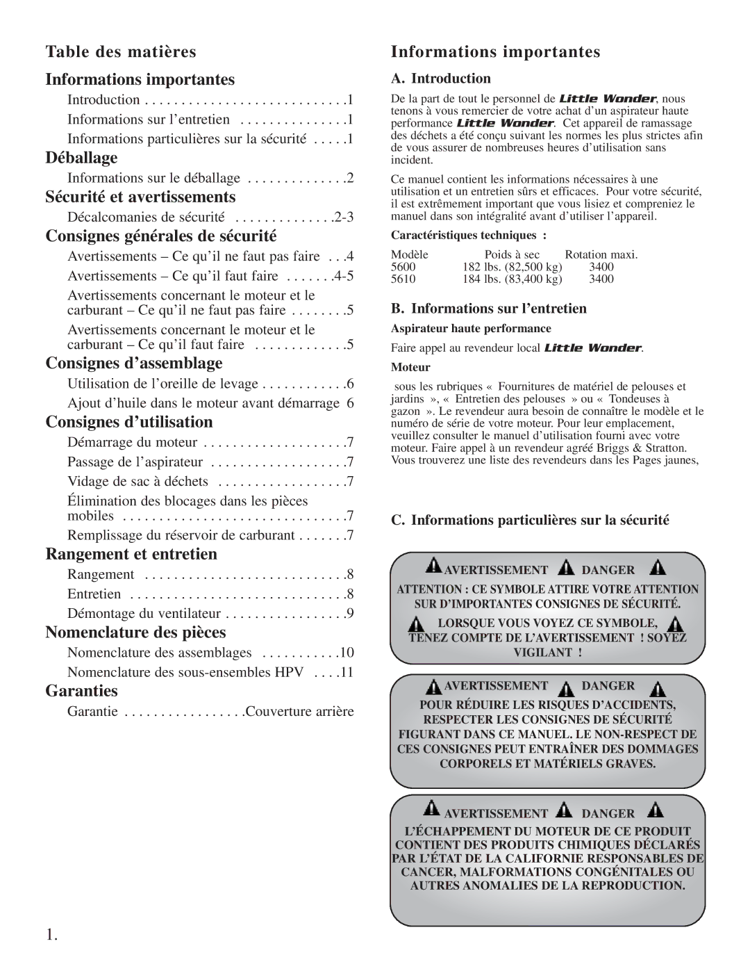 Little Wonder Little Wonder Table des matières Informations importantes, Déballage, Sécurité et avertissements, Garanties 