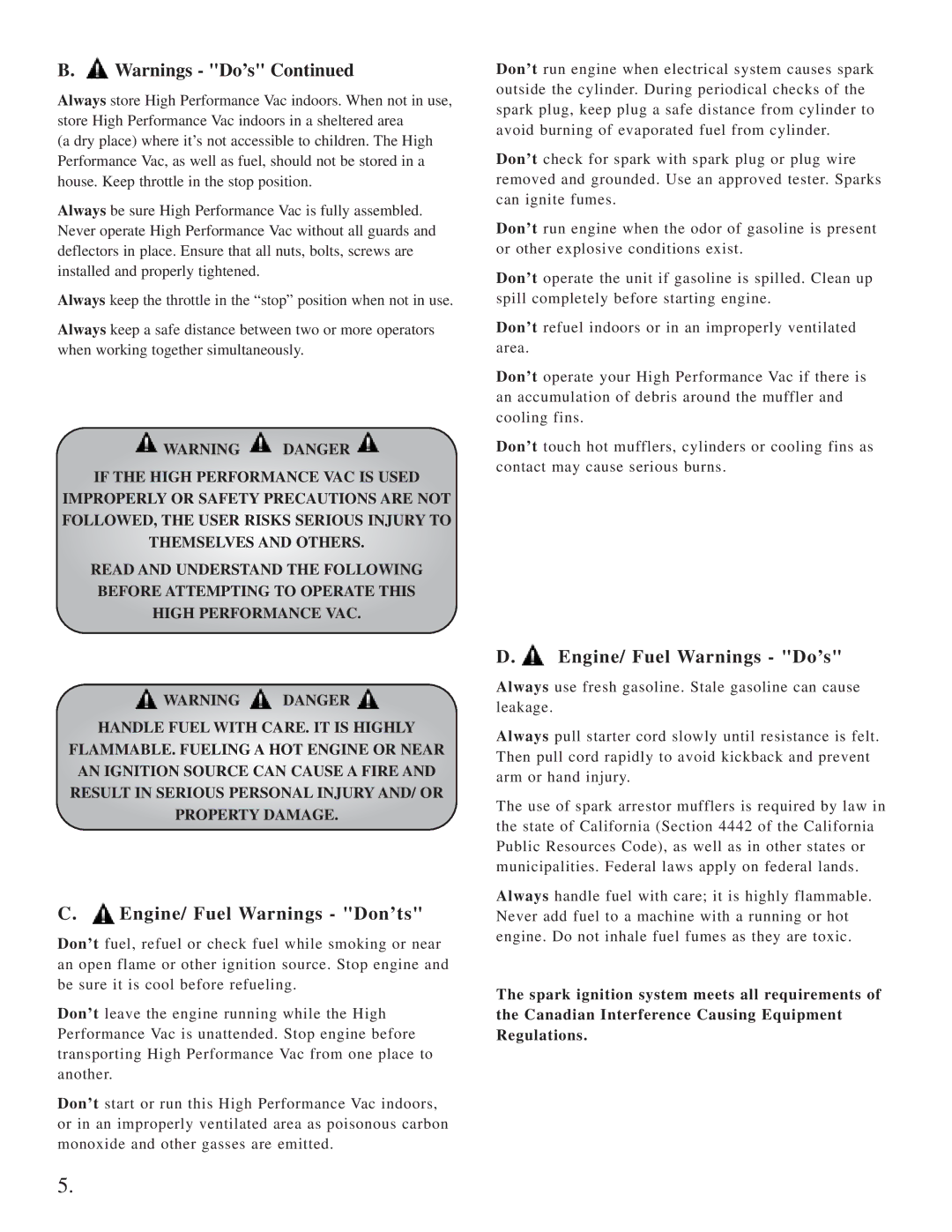 Little Wonder Little Wonder manual Engine/ Fuel Warnings Don’ts, Engine/ Fuel Warnings Do’s 