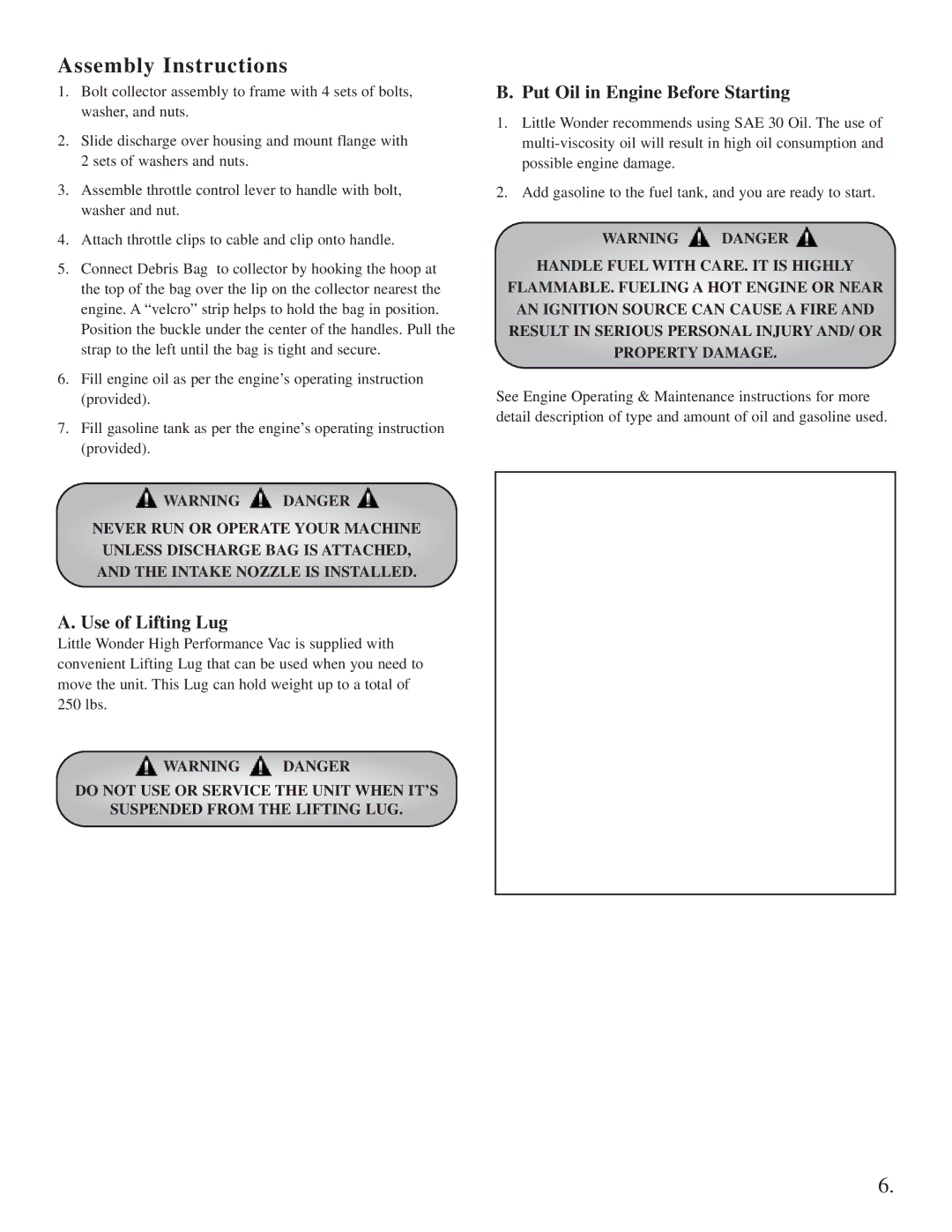 Little Wonder Little Wonder manual Use of Lifting Lug, Put Oil in Engine Before Starting 