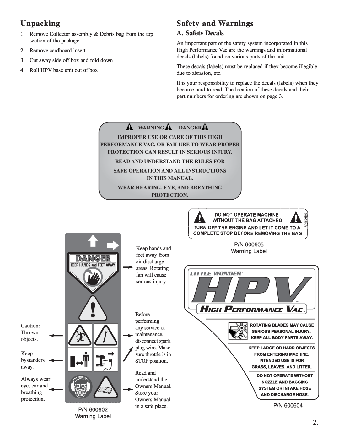 Little Wonder Little Wonder manual Unpacking, Safety and Warnings, A. Safety Decals 