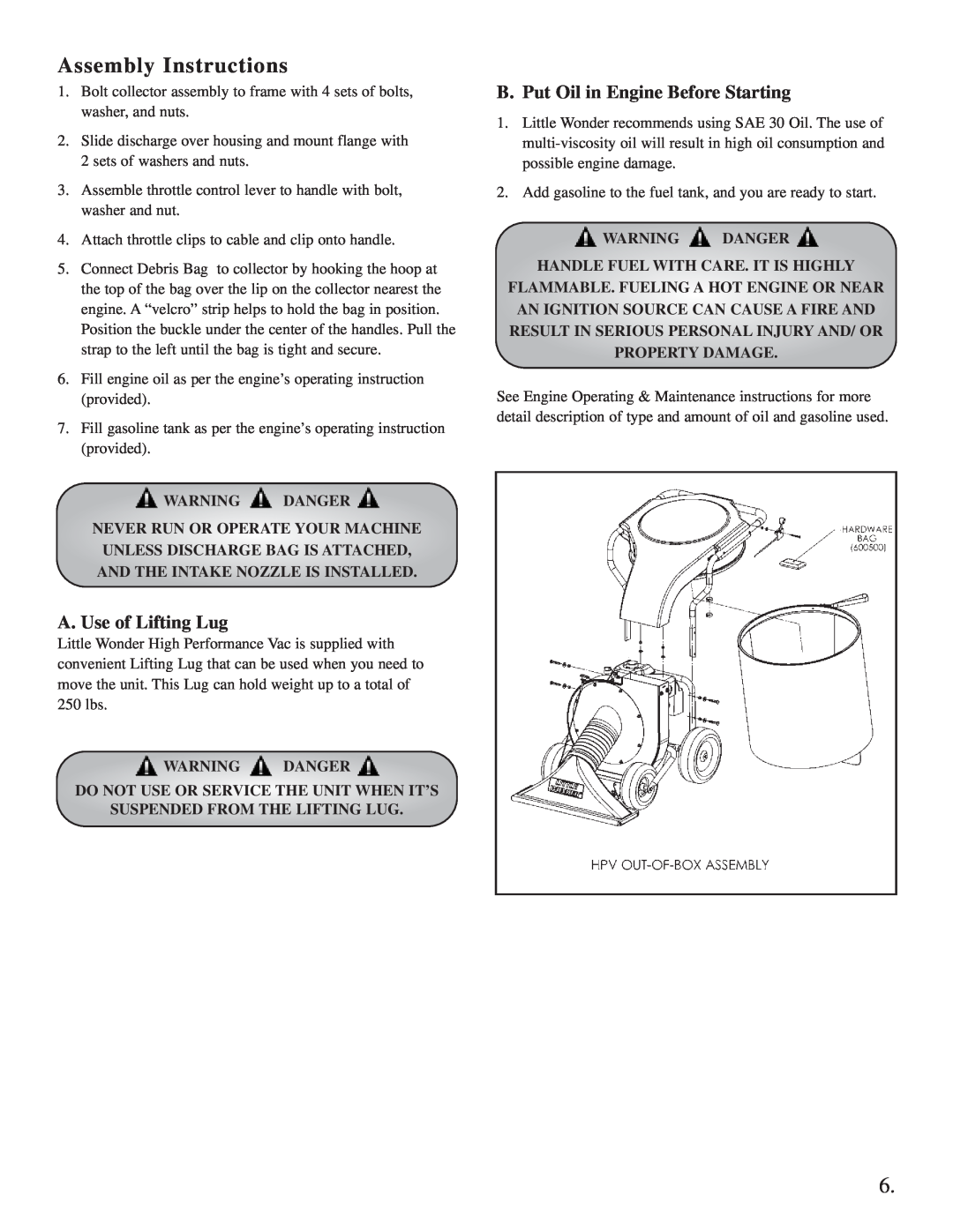 Little Wonder Little Wonder manual A. Use of Lifting Lug, B. Put Oil in Engine Before Starting, Warning Danger 