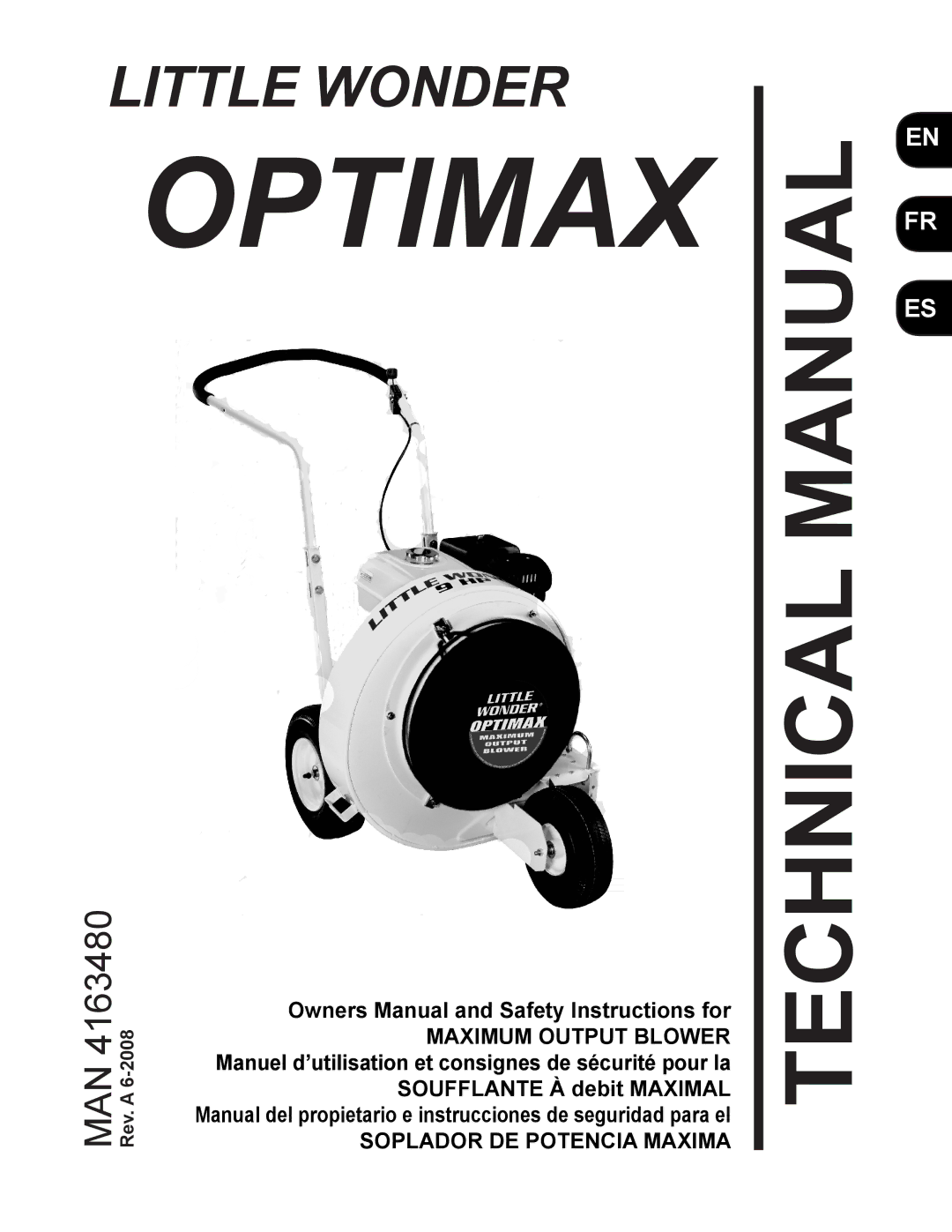 Little Wonder MAN 4163480 technical manual Optimax, Manual del propietario e instrucciones de seguridad para el 