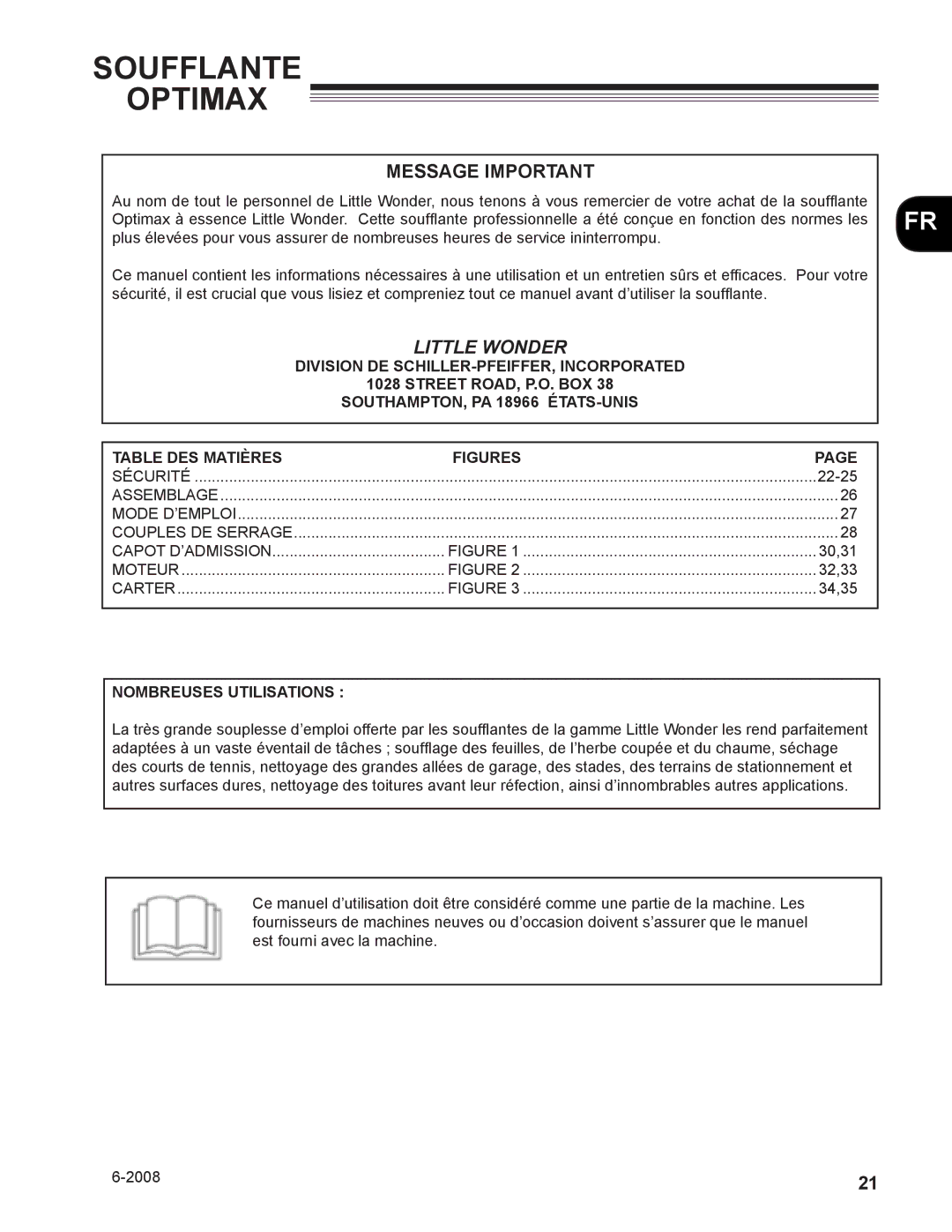 Little Wonder MAN 4163480 technical manual Soufflante Optimax, Nombreuses Utilisations 