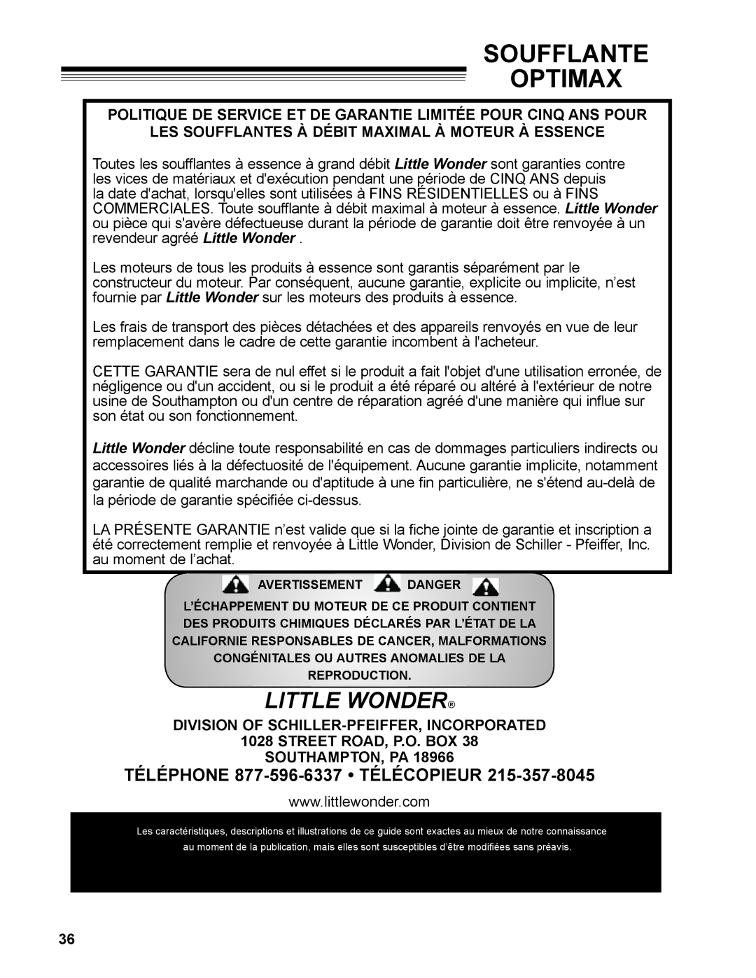 Little Wonder MAN 4163480 technical manual Téléphone 877-596-6337 Télécopieur 