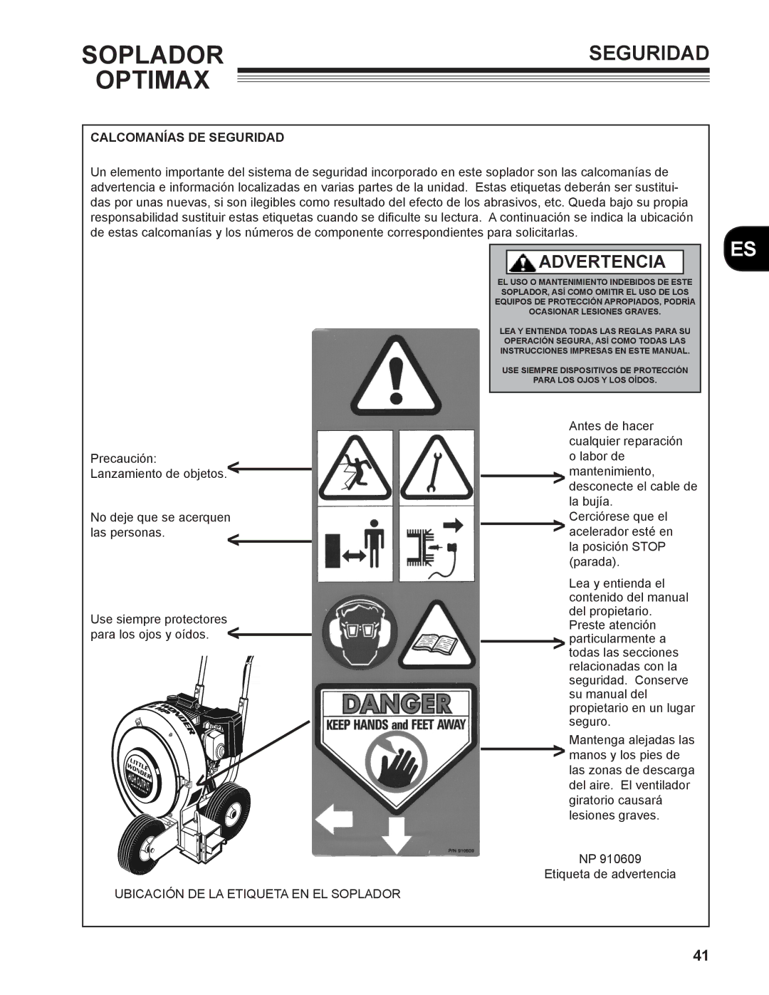 Little Wonder MAN 4163480 technical manual Calcomanías DE Seguridad 