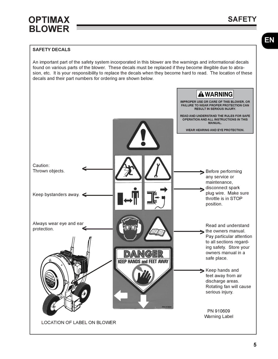 Little Wonder MAN 4163480 technical manual Safety Decals, Location of Label on Blower 