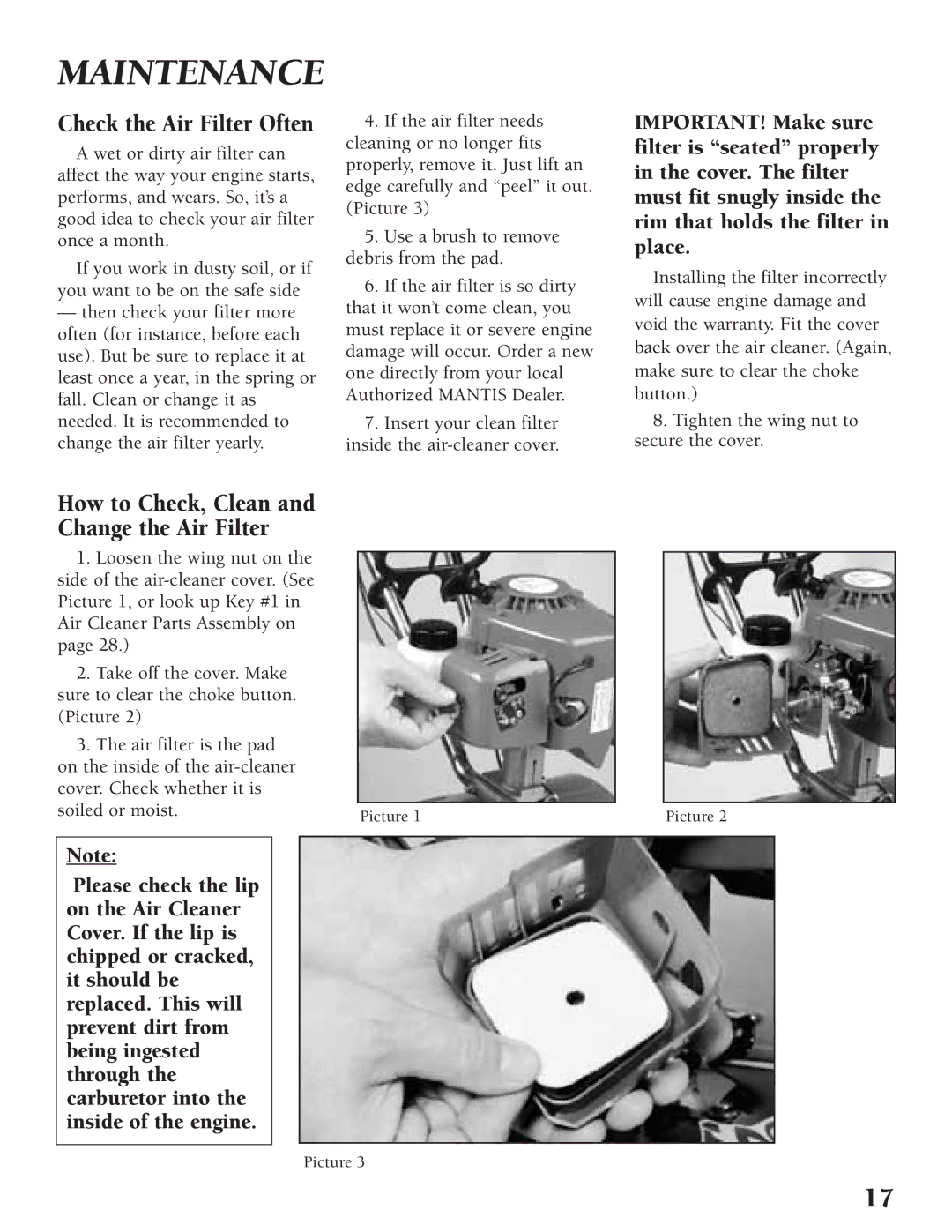 Little Wonder Tiller/Cultivator Maintenance, Check the Air Filter Often, How to Check, Clean Change the Air Filter 