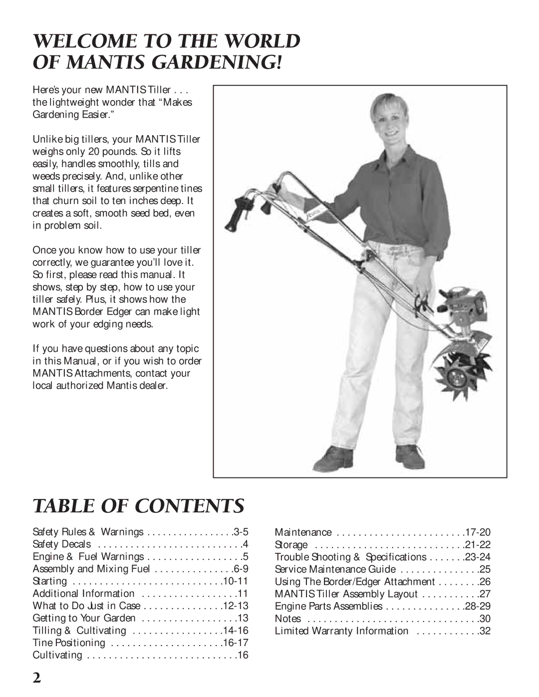 Little Wonder Tiller/Cultivator owner manual Welcome to the World of Mantis Gardening, Table of Contents 