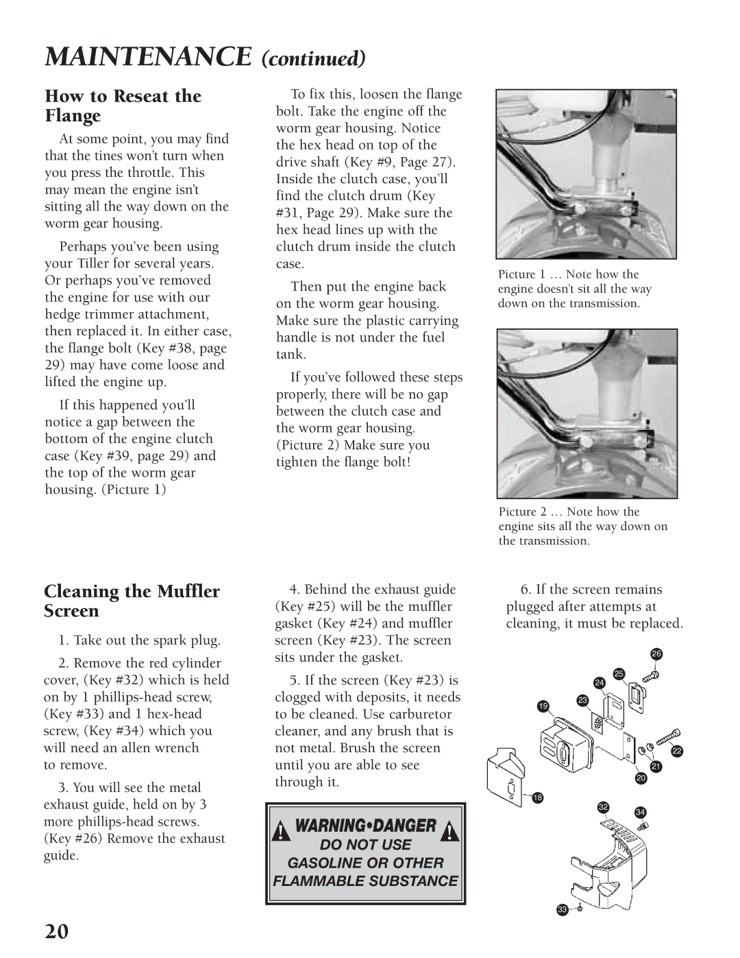 Little Wonder Tiller/Cultivator owner manual How to Reseat the Flange, Cleaning the Muffler Screen 