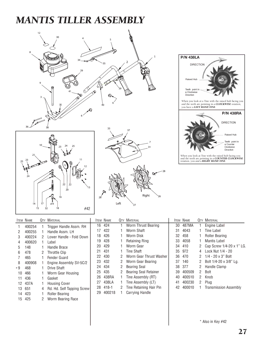 Little Wonder Tiller/Cultivator owner manual Mantis Tiller Assembly, 438LA 