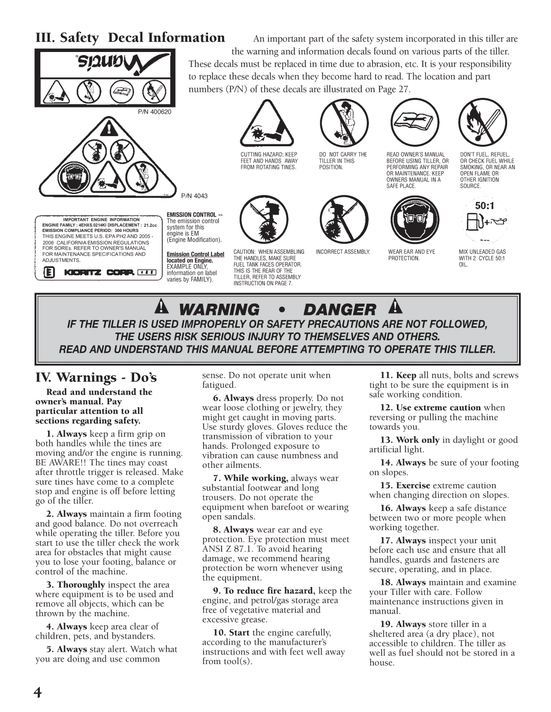 Little Wonder Tiller/Cultivator owner manual IV. Warnings Do’s, Emission Control 