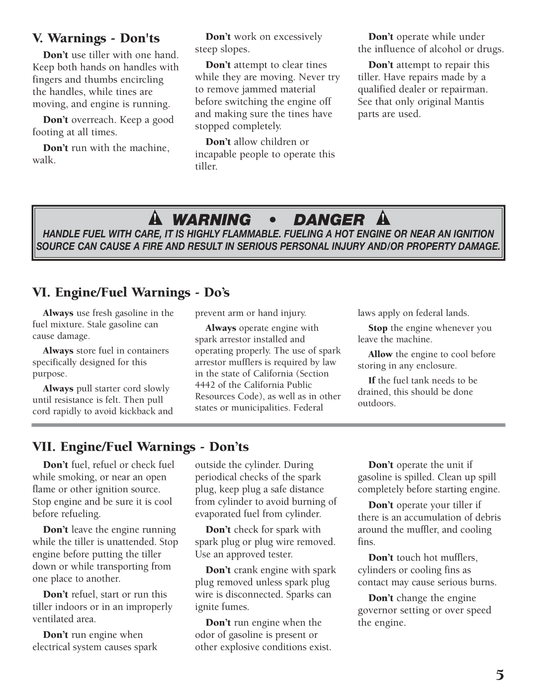 Little Wonder Tiller/Cultivator owner manual VI. Engine/Fuel Warnings Do’s, VII. Engine/Fuel Warnings Don’ts 